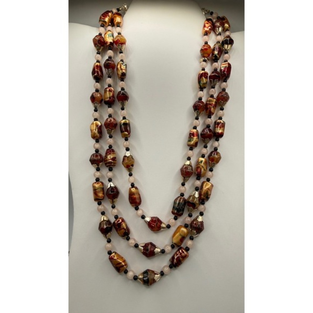 Vintage Triple Strand Art Glass Beaded Necklace Burgundy Gold Amber Statement